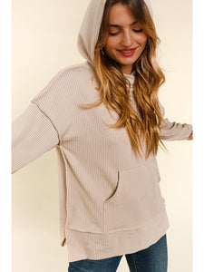 THE MILEY LONG SLEEVE RIBBED HOODIE TOP - lt taupe