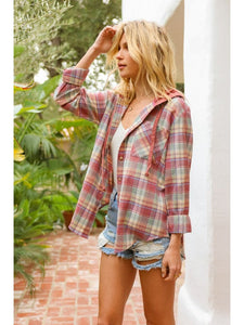 THE TEAH PLAID HOODIE BUTTON DOWN - vintage red