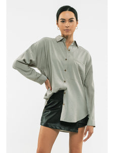 THE GABBY RAYON BLEND BUTTON DOWN TOP - dusty sage
