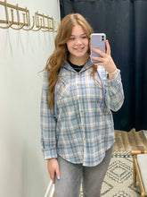 Load image into Gallery viewer, THE TEAH PLAID HOODIE BUTTON DOWN - dusty blue