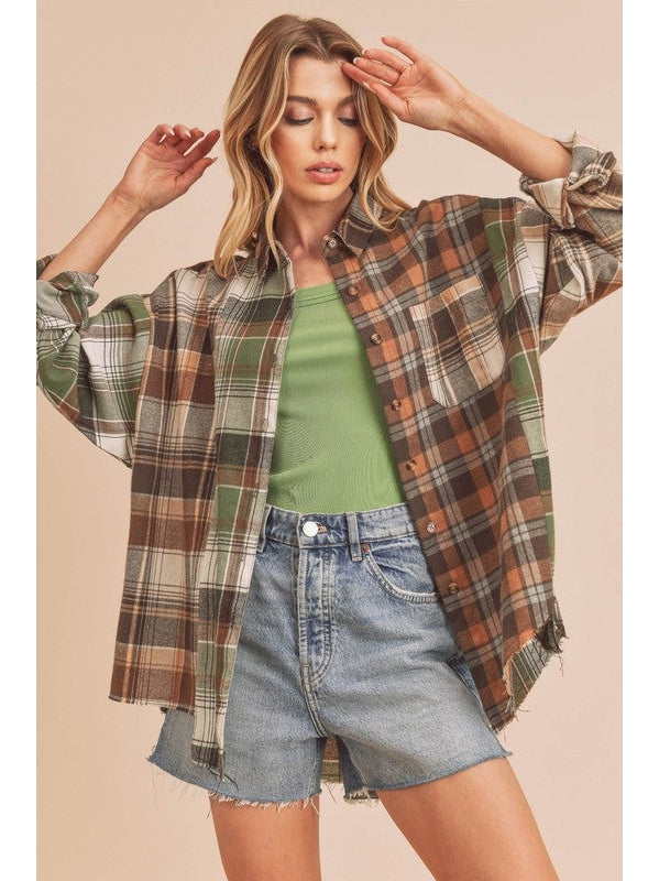 THE NOELLE PATCHWORK PLAID BUTTON DOWN SHIRT - brown/olive