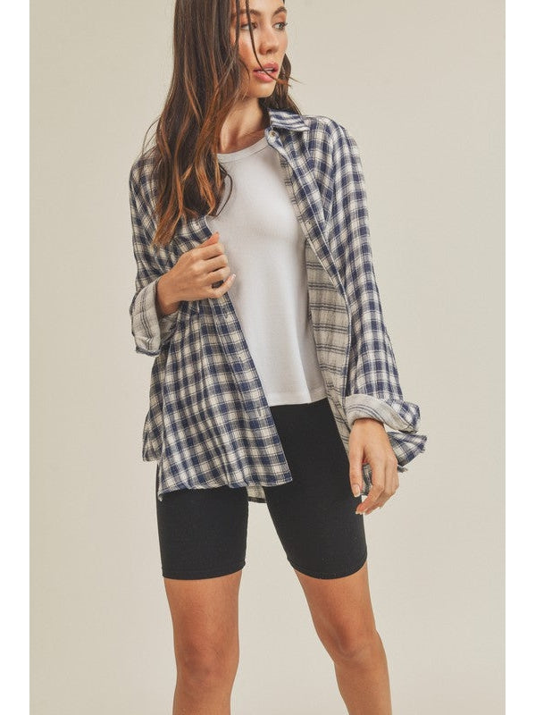 THE HEIDY COTTON PLAID BUTTON DOWN - navy