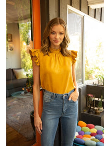 THE DAPHNE FAUX SUEDE RUFFLE SLEEVE TOPS - mustard