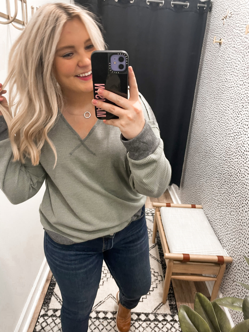 THE FLAME WAFFLE KNIT V NECK TOP - olive
