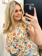 Load image into Gallery viewer, THE SHELLY DOUBLE RUFFLE FLORAL BLOUSE - mustard