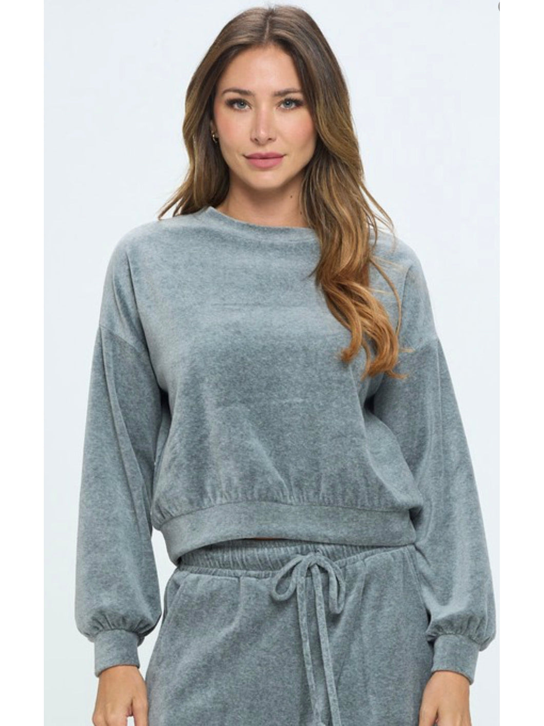THE LEXY VELOUR BUBBLE SLEEVE TOP - charcoal